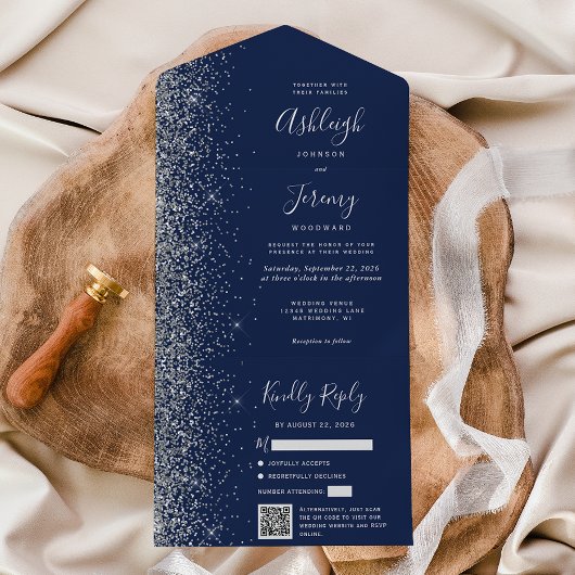 Invitation Tout En Un Navy Blue Silver Glitter QR Code Wedding
