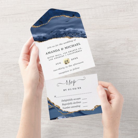 Invitation Tout En Un Navy et Agate doré (Déchirure)