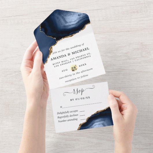 Invitation Tout en Un Navy et Agate Dorée (Déchirure)