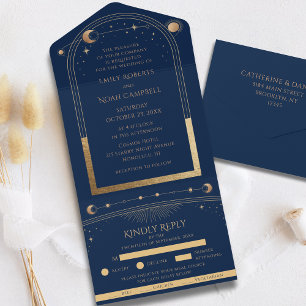Invitation Tout En Un Navy Or Céleste Soleil Lune Étoiles Mariage RSVP