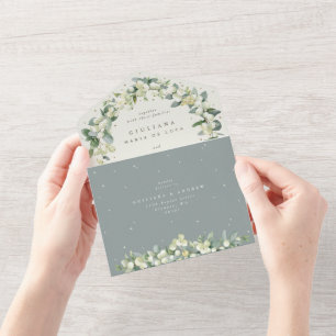 Invitation Tout En Un Neige verte + Eucalyptus Réception de mariage uniq