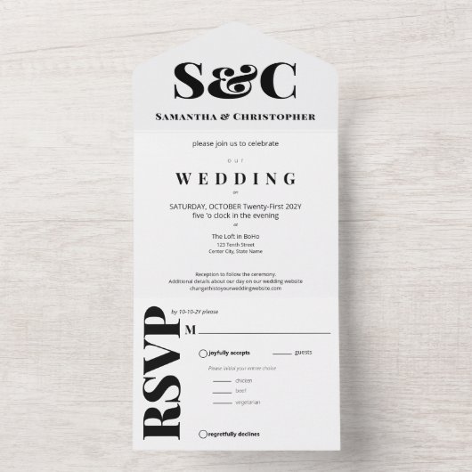 Invitation Tout En Un Nettoyer et Gras Ampersand Monogram noir et blanc (À l'intérieur)