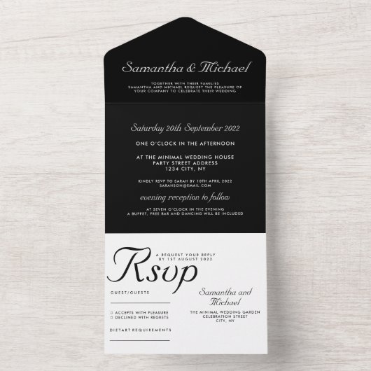 Invitation Tout En Un Nettoyer le mariage noir blanc simple (À l'intérieur)