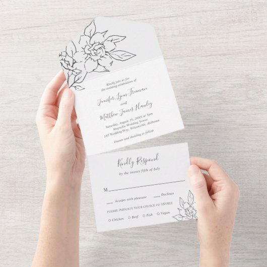 Invitation Tout En Un Neutral Line Art Floral Mariage élégant (Déchirure)