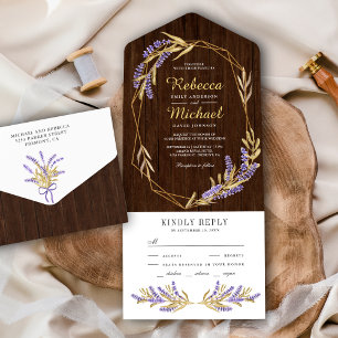 Invitation Tout En Un Noces de bois de grange floral lavande et feuilles
