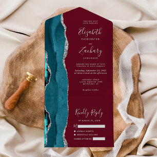 Invitation Tout En Un Noces de Burgundy Agate Argent Sarcelle