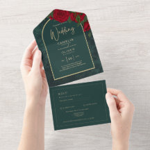 Noces d'hiver Roses rouges Or Vert forêt Mariage