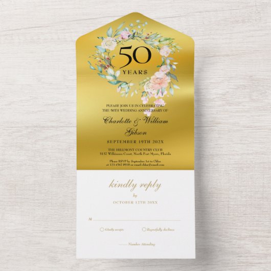 Invitation Tout En Un Noces d'or Monogramme Floral Or (À l'intérieur)