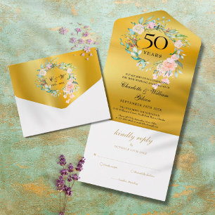 Invitation Tout En Un Noces d'or Monogramme Floral Or