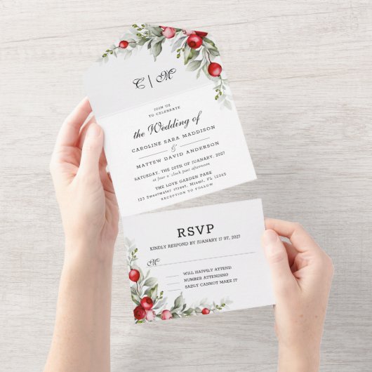 Invitation Tout En Un Noel Botanique Mariage D'Hiver Tout En Une Invitat (Déchirure)