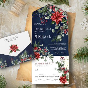 Invitation Tout En Un Noël Floral Poinsettia Rustique Mariage Bleu Marin