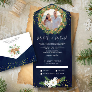 Invitation Tout En Un Noël Mariage Photo Cône de Pin Bleu Marine Rustiqu