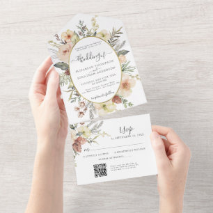 Invitation Tout En Un Noël QR RSVP Hiver Floral Mariage d'huile or