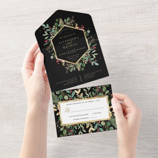 Invitation Tout En Un Noël Vert doré sur Mariage noir (Déchirure)