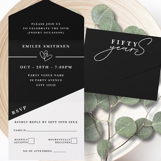 Invitation Tout En Un Noir Blanc 50e anniversaire ou anniversaire de mar