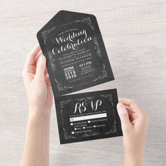 Invitation Tout En Un Noir & Blanc Botanique Floral Frame Mariage RSVP (Déchirure)