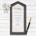 Invitation Tout En Un Noir & Blanc minimum Or Rose moderne tout en un<br><div class="desc">DISPONIBLE AVEC OU SANS CODE QR OU OPTIONS DE SÉLECTION DE DÎNER. Ce design est composé d'un arrière - plan noir au charbon de bois avec une zone de texte blanche encadrée en or rose faux. Un monogramme avec la première initiale de la mariée et du marié sur le rabat...</div>
