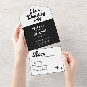 Invitation Tout En Un Noir blanc moderne Vintage script rétro Mariage