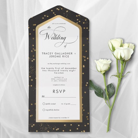 Invitation Tout En Un Noir & Blanc Starry Or Pas de dîner