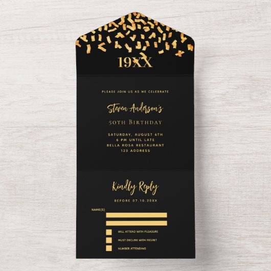 Invitation Tout En Un Noir confetti année d'anniversaire rsvp (À l'intérieur)