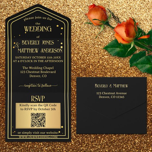 Invitation Tout En Un Noir Confetti QR Code Mariage