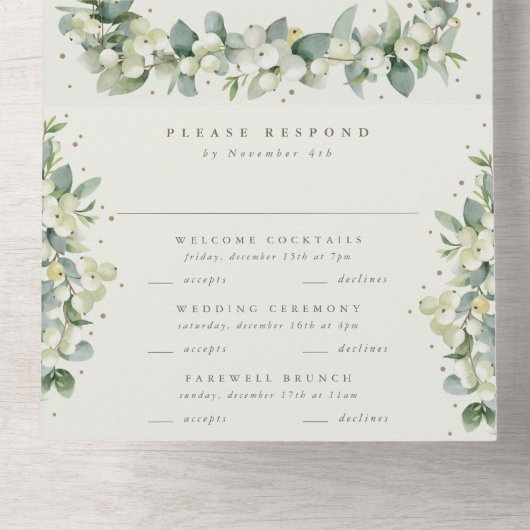 Invitation Tout En Un Noir/Crème Snowberry+Eucalyptus Mariage d'hiver (Intérieur en bas)