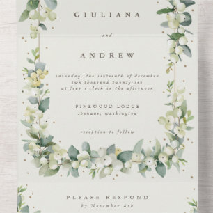 Invitation Tout En Un Noir/Crème Snowberry+Eucalyptus Mariage d'hiver