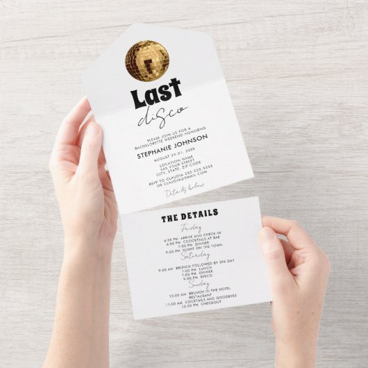 Invitation Tout En Un Noir et blanc avec Dernier or Disco Bachelorette (Déchirure)