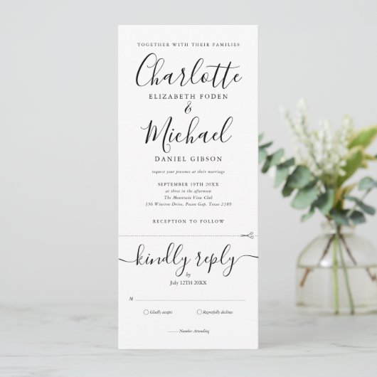Invitation Tout en un noir et blanc élégant Mariage de script (Debout devant)