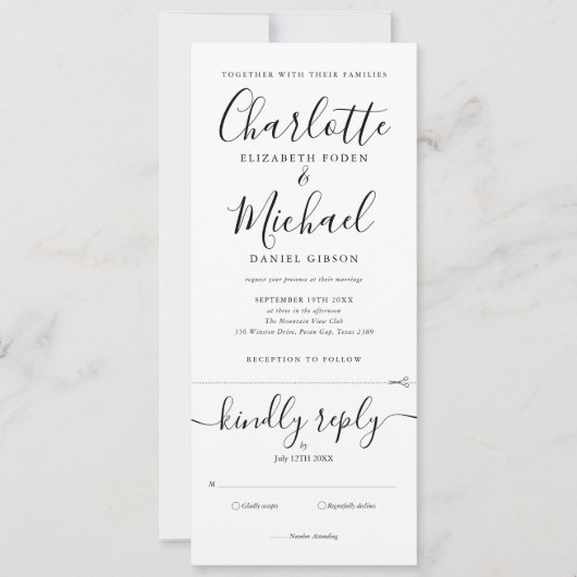Invitation Tout en un noir et blanc élégant Mariage de script (Devant)