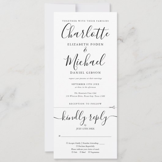 Invitation Tout en un noir et blanc élégant Mariage de script (Devant)