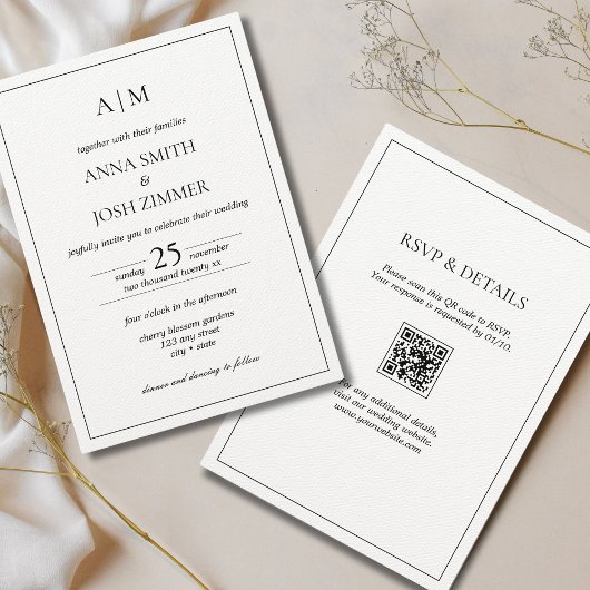 Invitation Tout en un noir et blanc Mini Monogramme Code QR