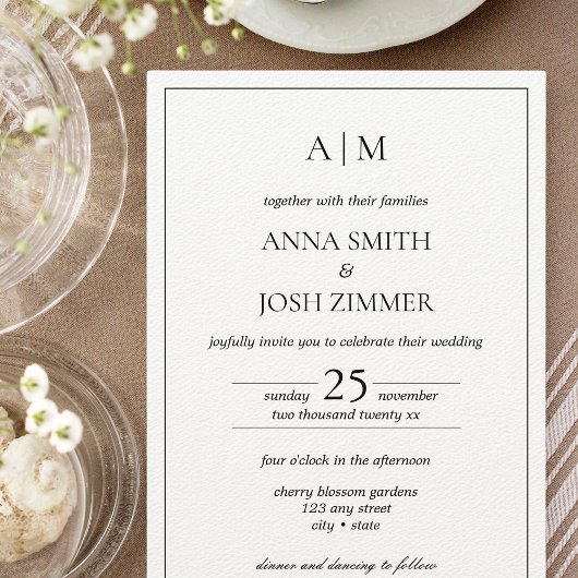 Invitation Tout en un noir et blanc Mini Monogramme Code QR