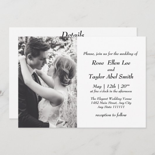 Invitation Tout en un, noir et blanc minimal avec photo (Devant / Derrière)