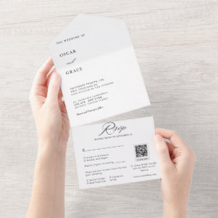 Invitation Tout En Un Noir et blanc minimaliste Mariage Qr Code RSVP