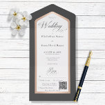 Invitation Tout En Un Noir et blanc minimaliste Or rose moderne QR Code<br><div class="desc">DISPONIBLE AVEC OU SANS CODE QR OU OPTIONS DE SÉLECTION DE DÎNER. Ce design est composé d'un arrière - plan noir au charbon de bois avec une zone de texte blanche encadrée en or rose faux. Un monogramme avec la première initiale de la mariée et du marié sur le rabat...</div>