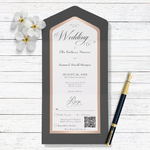 Invitation Tout En Un Noir et blanc minimaliste Or rose moderne QR Code