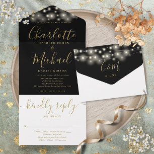 Invitation Tout En Un Noir Et Or Chaîne Lumière Mariage Script Chic