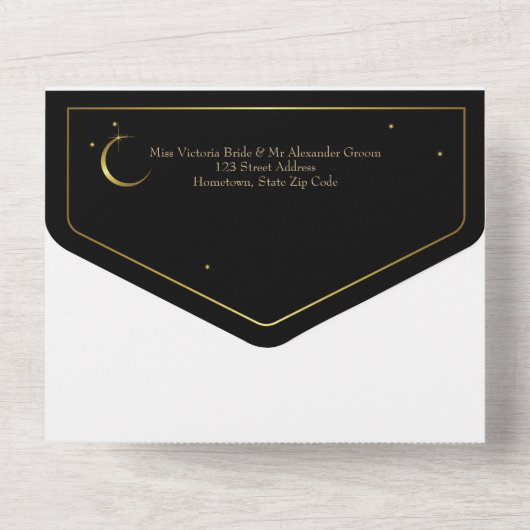 Invitation Tout En Un Noir et or Moderne minimal Celestial (Verso)