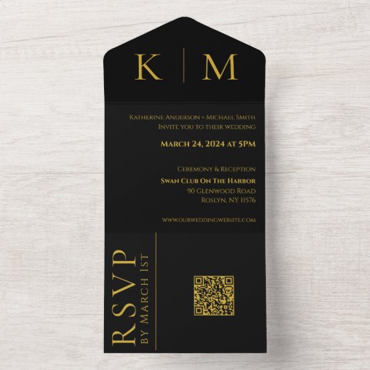 Invitation Tout En Un Noir et or Monogramme-Moderne-Mariage- (À l'intérieur)