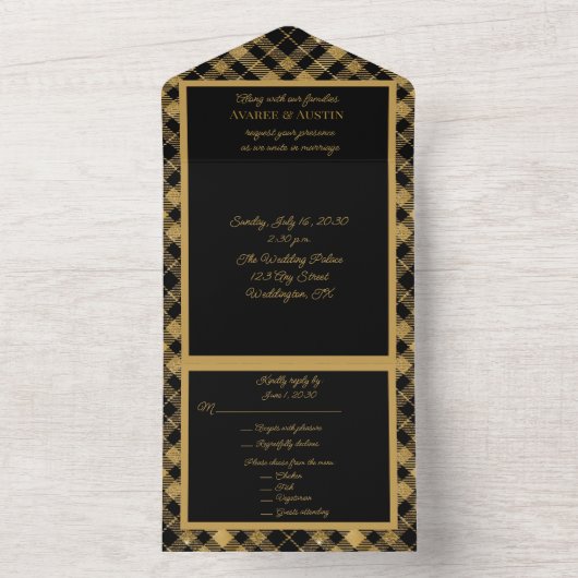 Invitation Tout En Un Noir et or Plaid Élégant (À l'intérieur)