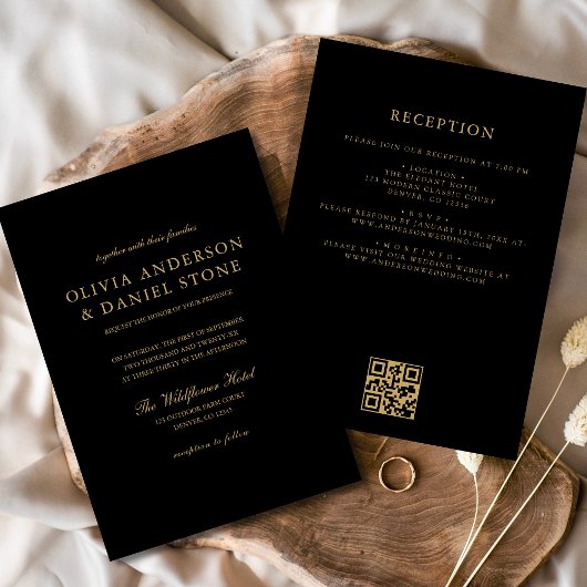 Invitation Tout en un noir Mariage QR Code Classic