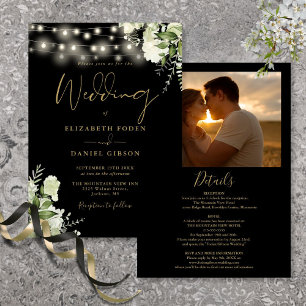 Invitation Tout en Un Noir Or Feuillage Lumière Photo Mariage