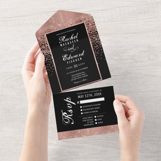 Invitation Tout En Un Noir Rose Parties scintillant or Confetti Mariage  (Déchirure)