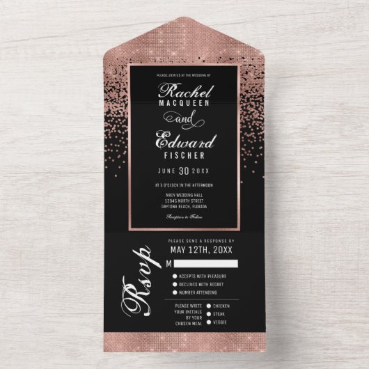 Invitation Tout En Un Noir Rose Parties scintillant or Confetti Mariage  (À l'intérieur)