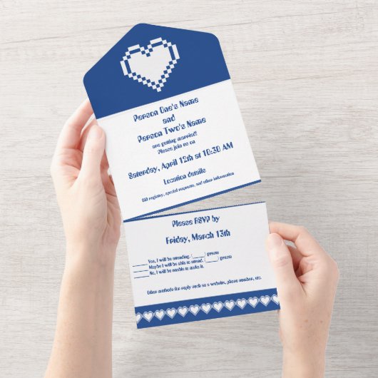 Invitation Tout En Un Nos cœurs 8 bits en bleu (Déchirure)