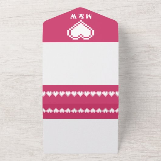 Invitation Tout En Un Nos Coeurs 8 bits en framboise (Dehors)