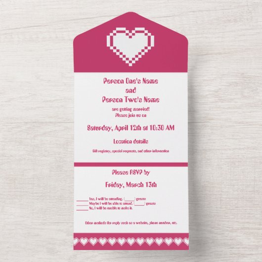 Invitation Tout En Un Nos Coeurs 8 bits en framboise (À l'intérieur)