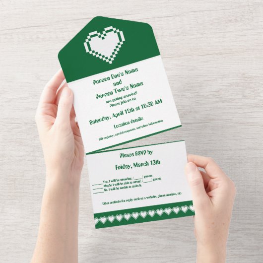 Invitation Tout En Un Nos cœurs 8 bits en vert (Déchirure)