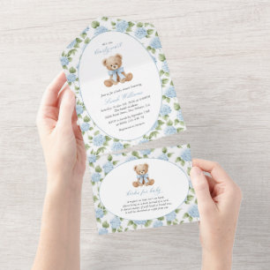 Invitation Tout En Un Noun ours en peluche, Nœud bleu, Fleurs bleues, Ba